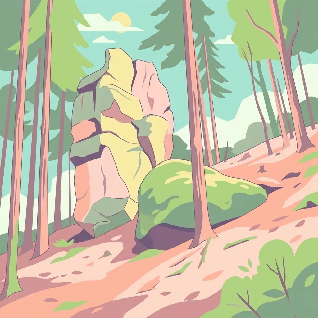 A colorful illustration showing a tall sandstone rock formation amidst a forest, with a smaller moss-covered boulder in the foreground and tall tree trunks framing the scene.