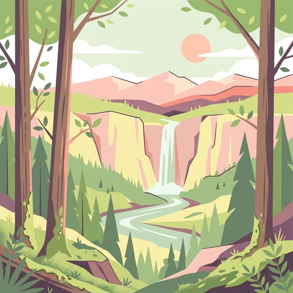 A flat vector illustration of a forested canyon with a central waterfall and a flowing river, framed by tall trees in the foreground.