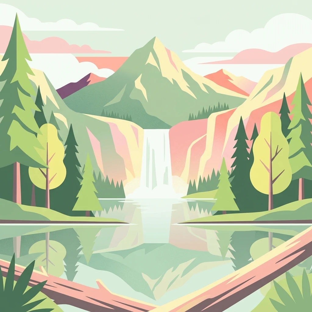 A digital illustration featuring a serene mountain landscape with a central waterfall flowing into a reflective lake, surrounded by pine trees and distant peaks in soft, muted tones.