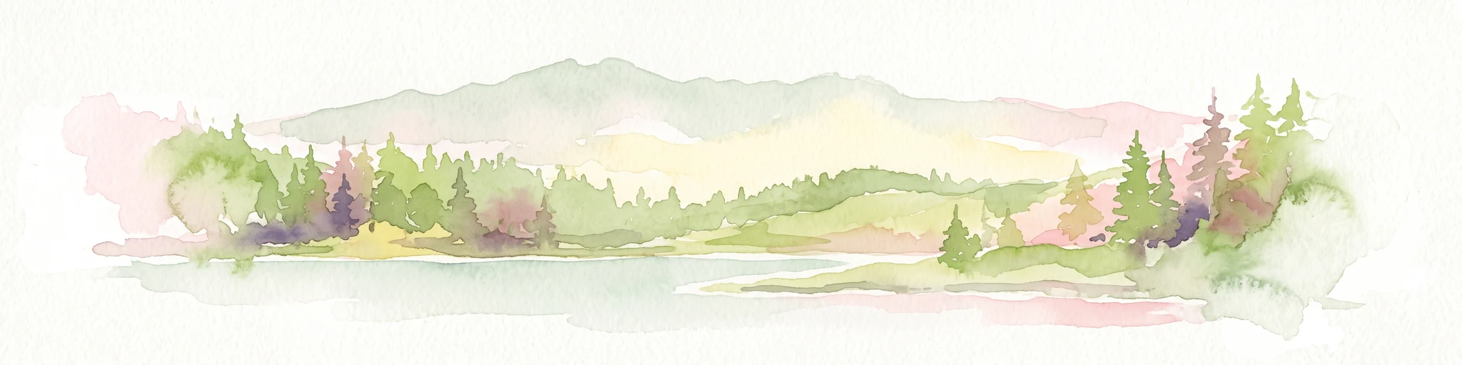 A watercolor painting showing a lake, a forested shoreline, and distant mountains in a soft palette.