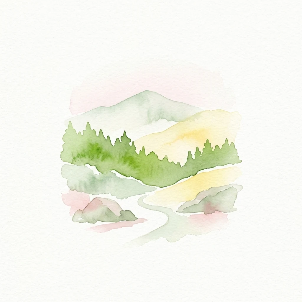 Ilustración de acuarela que muestra un paisaje forestal montañoso con árboles verdes, un río sinuoso y formaciones rocosas