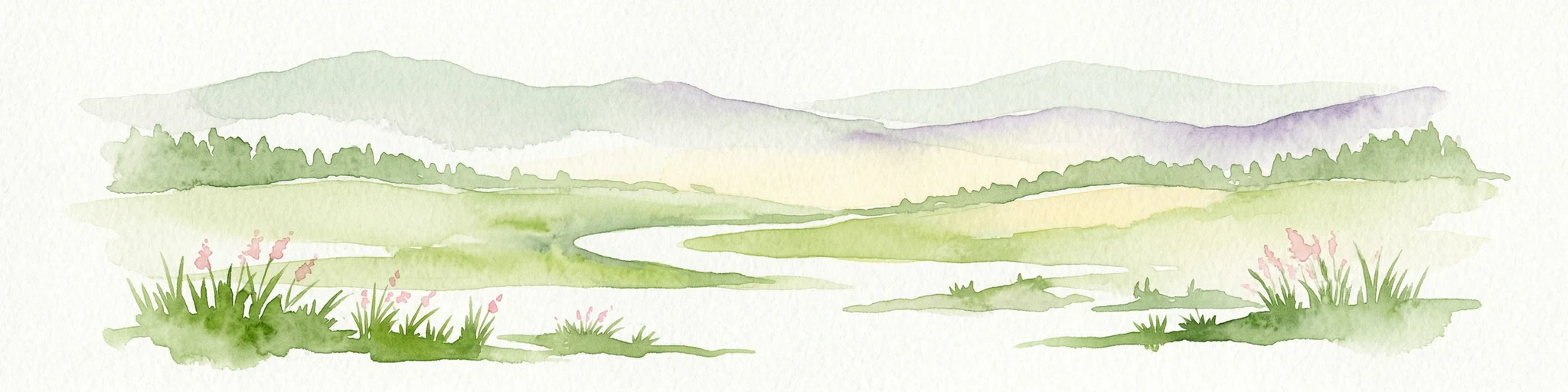 Watercolor illustration showing a river flowing through a valley with green hills in the background and grassy areas with pink flowers