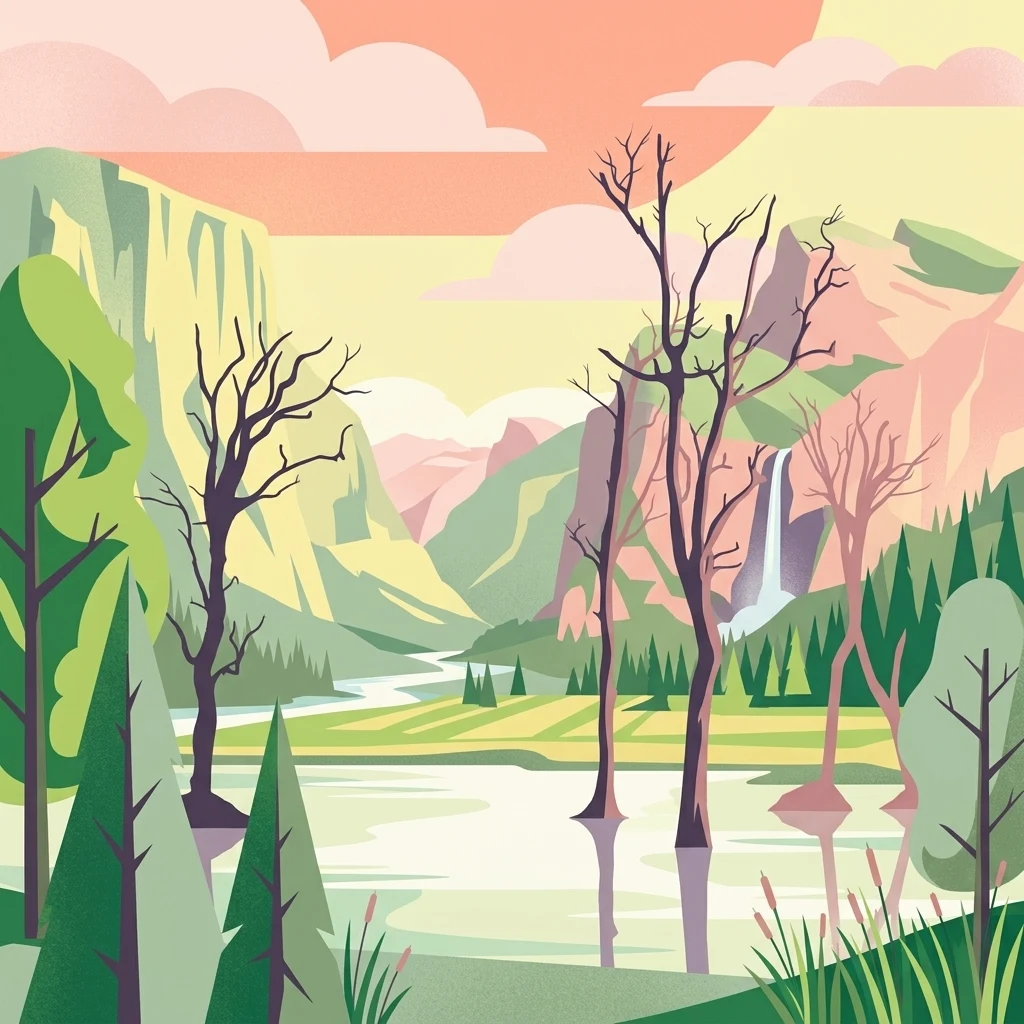 Illustration of a landscape with green mountains, a river, bare trees, and a waterfall under a colorful sky
