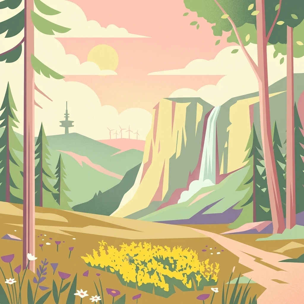 A stylized vector illustration of a forested landscape featuring a waterfall cascading down a cliff face, a dirt trail in the foreground, and a communications tower on a distant hillside under a sunset sky.