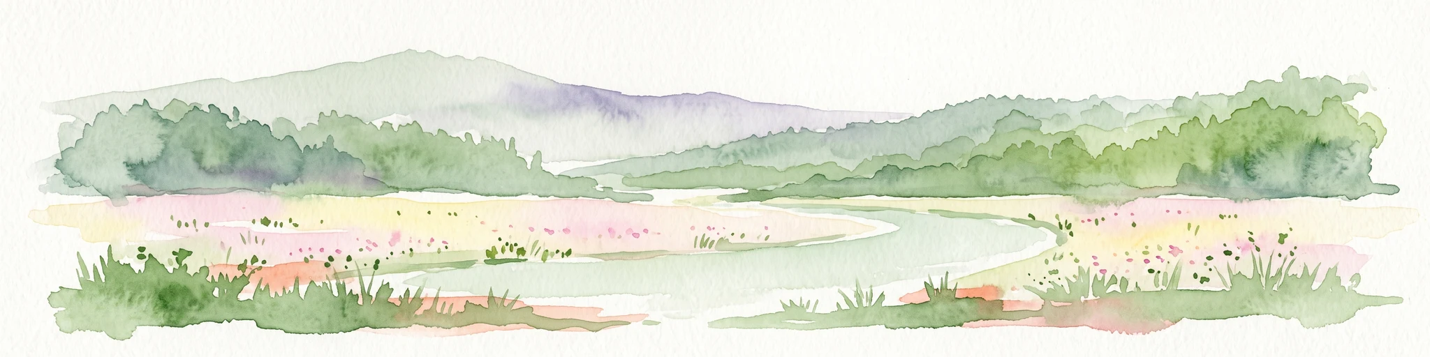 A horizontal watercolor painting depicting a soft, green landscape with a winding stream through a flowery meadow and forested hills in the background.