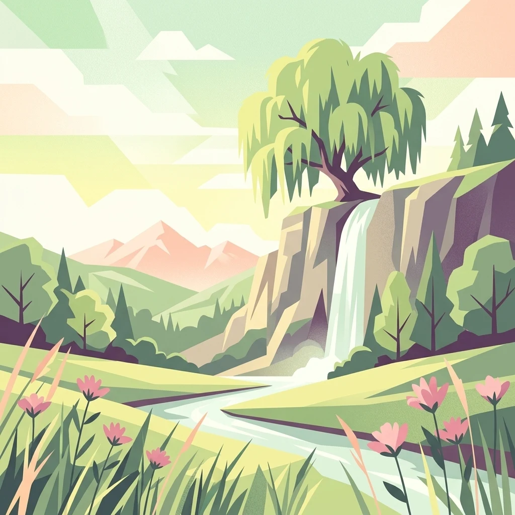 Ilustración digital en estilo vectorial de un prado verde con un río que fluye desde una cascada que se precipita por un acantilado bajo un cielo pálido, con montañas al fondo y flores silvestres en primer plano.