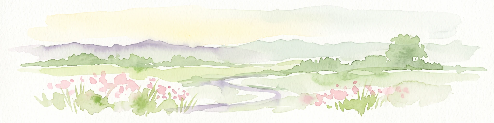 A soft watercolor illustration depicting a meadow landscape with a winding stream, distant hills, and foreground wildflowers.