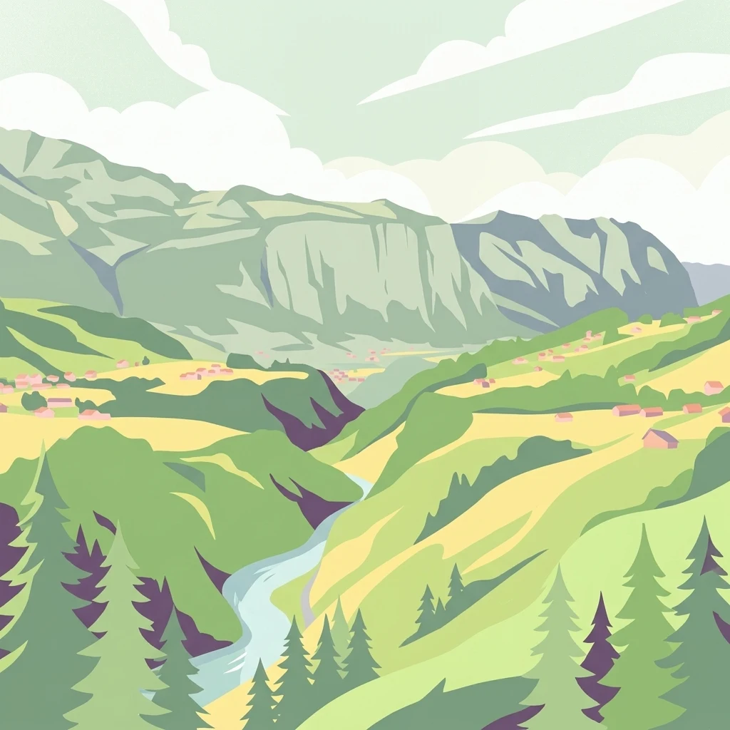 Una obra de arte digital de estilo ilustrativo que muestra un valle de montaña verde y frondoso con pinos en primer plano, un río serpenteante y pequeñas casas enclavadas en las laderas bajo acantilados escarpados.