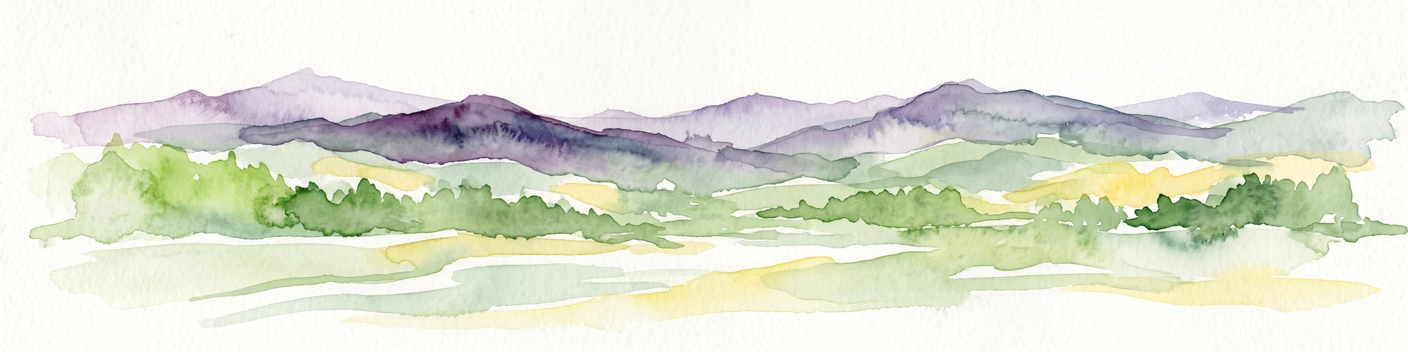 A watercolor painting showing a panoramic view of layered rolling hills and mountains in purple, green, and yellow hues against a white background.