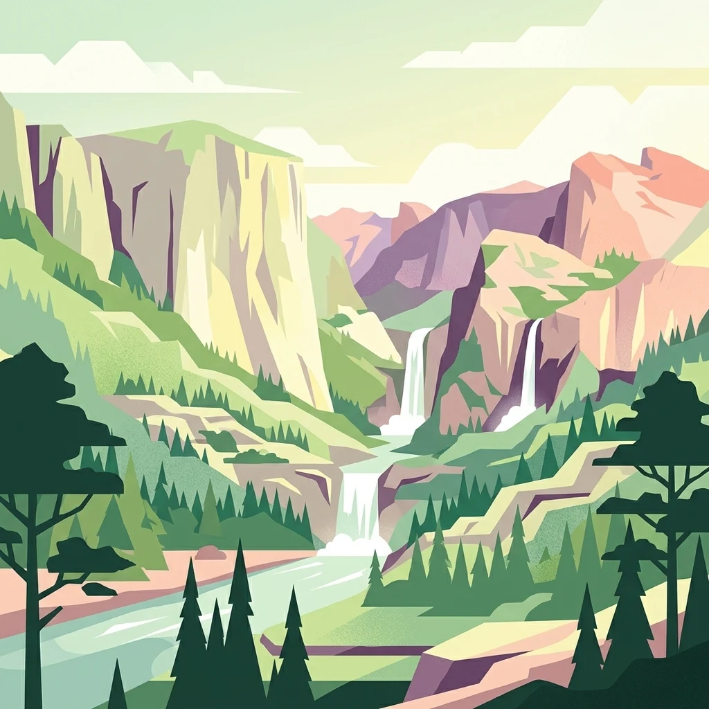 Una ilustración gráfica que muestra un valle frondoso enmarcado por altos acantilados rocosos, con múltiples cascadas que desembocan en un río, rodeado de pinos bajo un cielo claro.