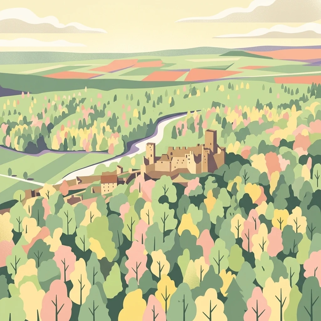 Una ilustración digital de estilo plano que muestra una ruina de castillo medieval situada en un paisaje forestal exuberante y colorido bajo un cielo pálido.