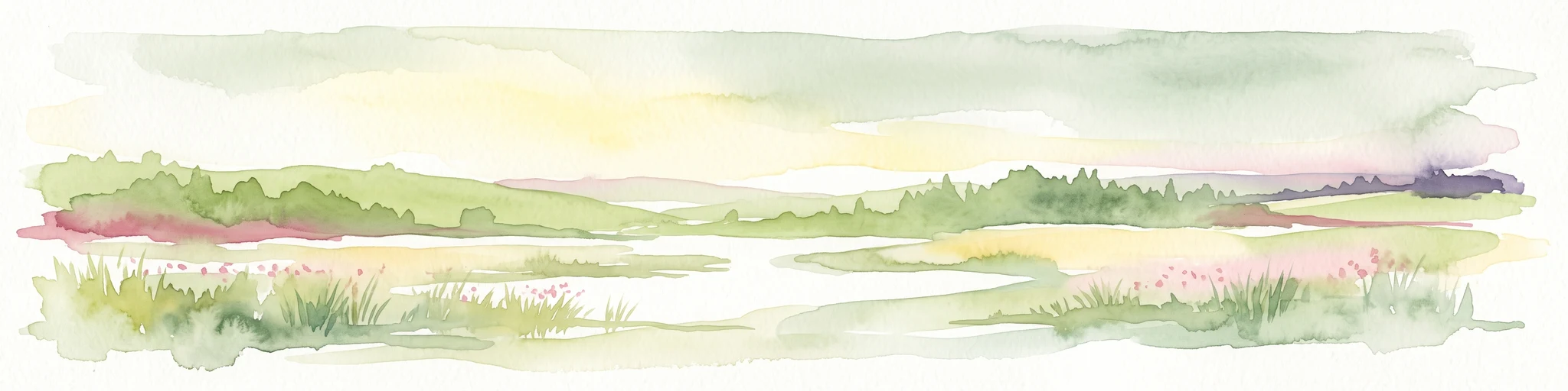 A horizontal watercolor painting depicting a landscape with soft rolling hills, green meadows, and wild grasses under a pale sky.