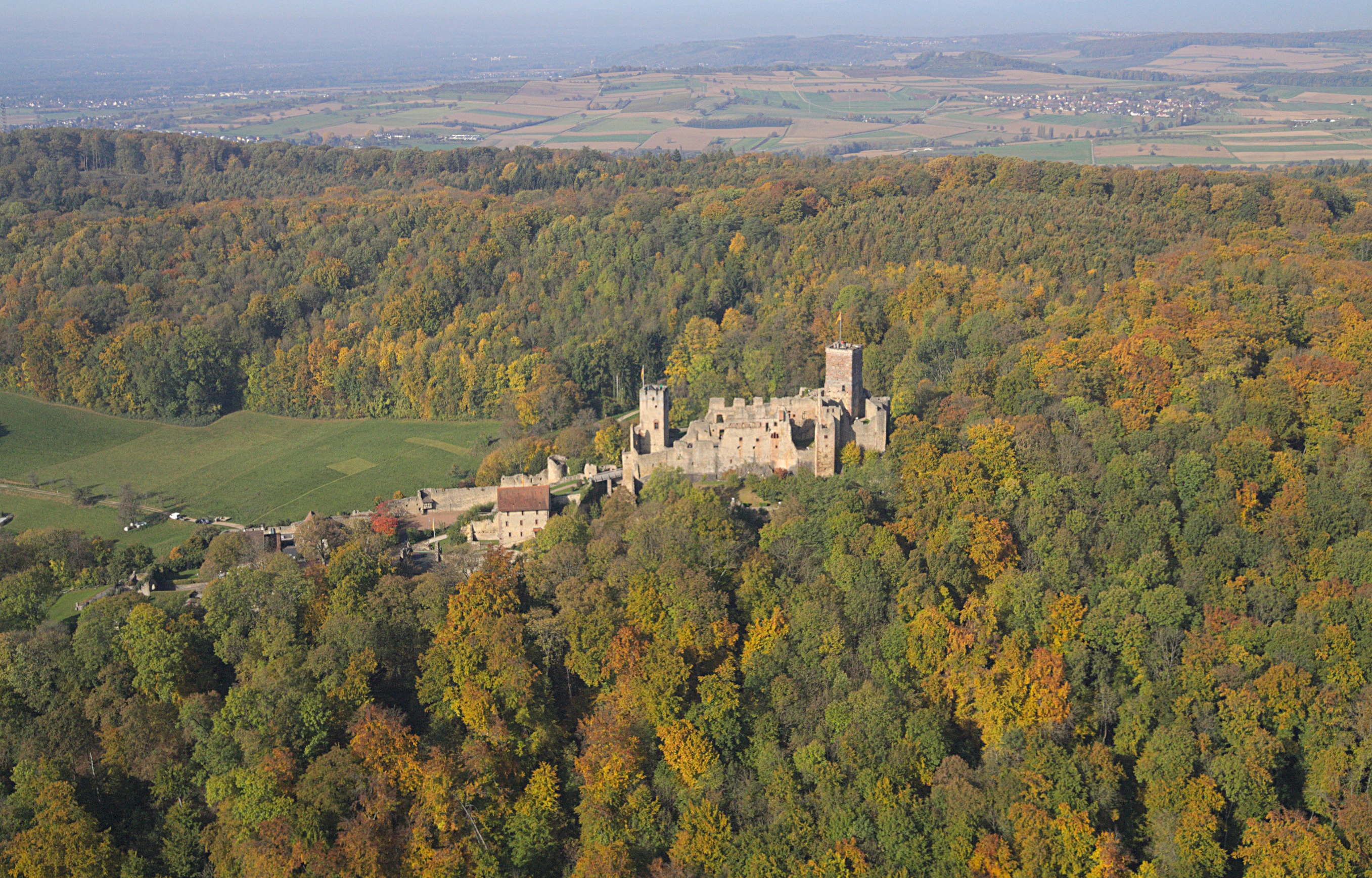 Aerial view of a medieval stone castle complex perched on a forested hill, surrounded by dense deciduous trees with autumn foliage.