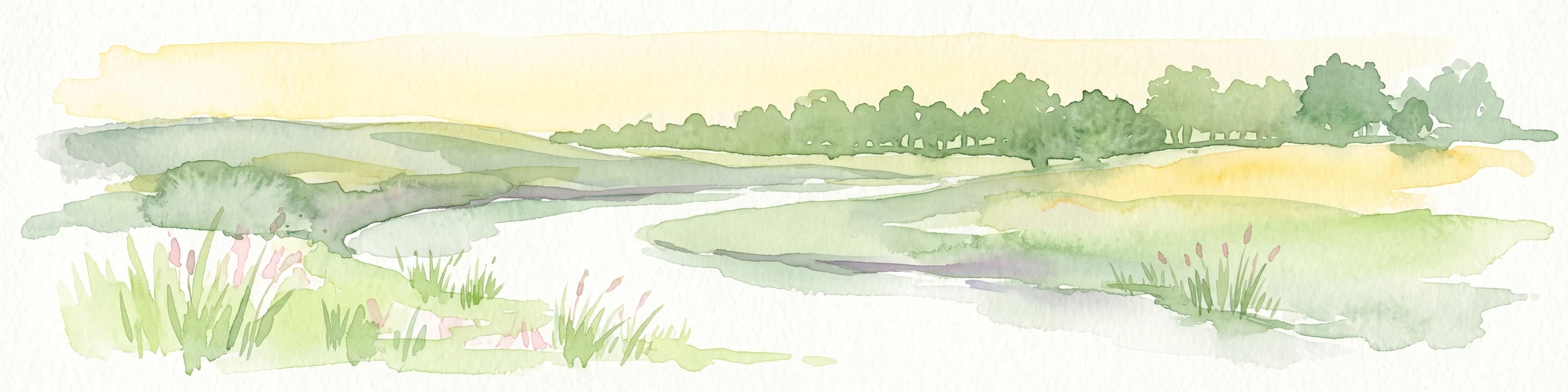 Watercolor illustration depicting a winding river through a grassy landscape with rolling hills and distant trees under a soft yellow sky.