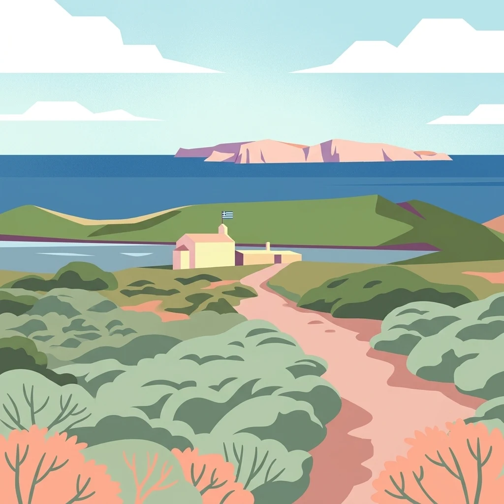 A flat vector-style illustration showing a dirt path leading through green coastal scrubland toward a small white building with a Greek flag, with a calm blue sea and distant rocky island in the background.