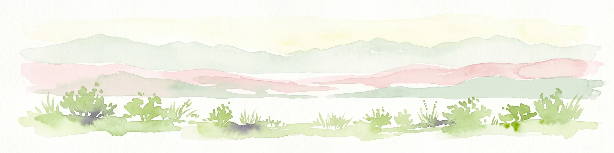 A horizontal watercolor illustration showing soft, stylized green and pink layers representing rolling hills and distant land over a light foreground of scrubby vegetation.