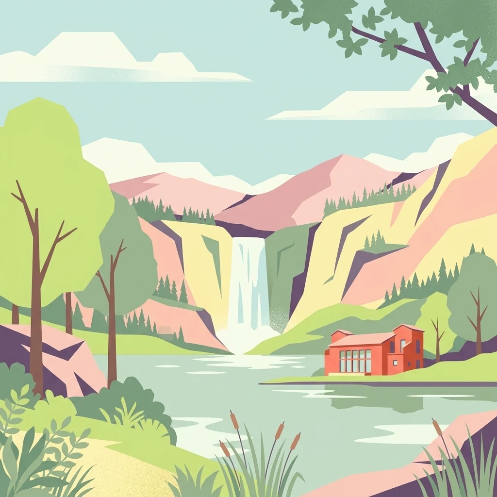 Una ilustración digital de estilo plano que muestra una cascada en la distancia que desemboca en un cuerpo de agua, con un pequeño edificio en la orilla, árboles y juncos altos en primer plano.