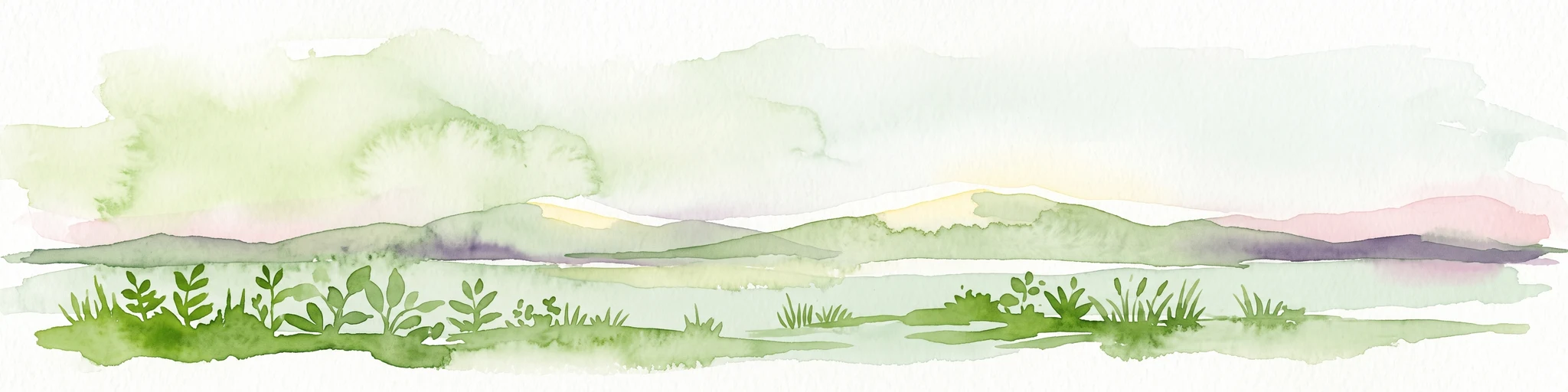 A horizontal watercolor illustration showing a calm pond in the foreground, with lush green vegetation on the banks and rolling hills in the background under a soft sky.