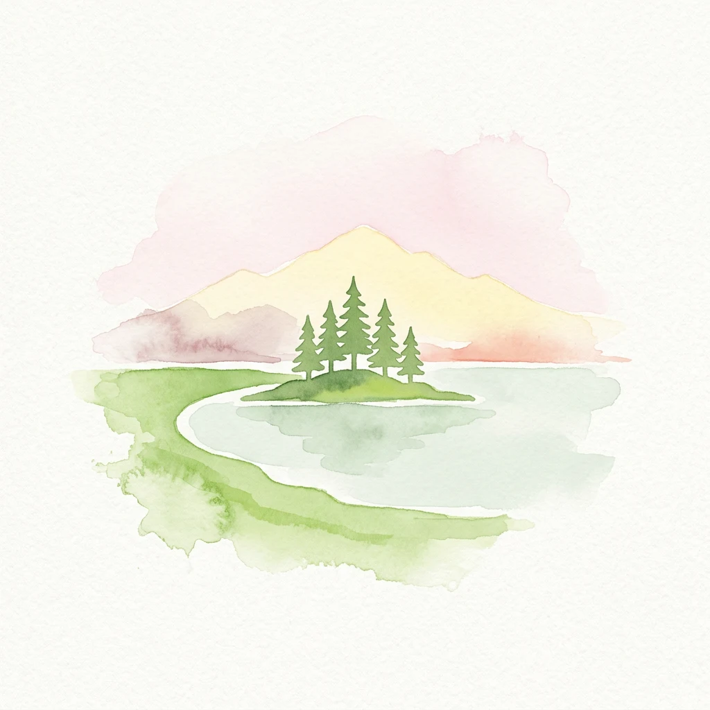Pintura de acuarela de una pequeña isla con pinos en una laguna tranquila, con montañas de fondo y un cielo rosa y amarillo