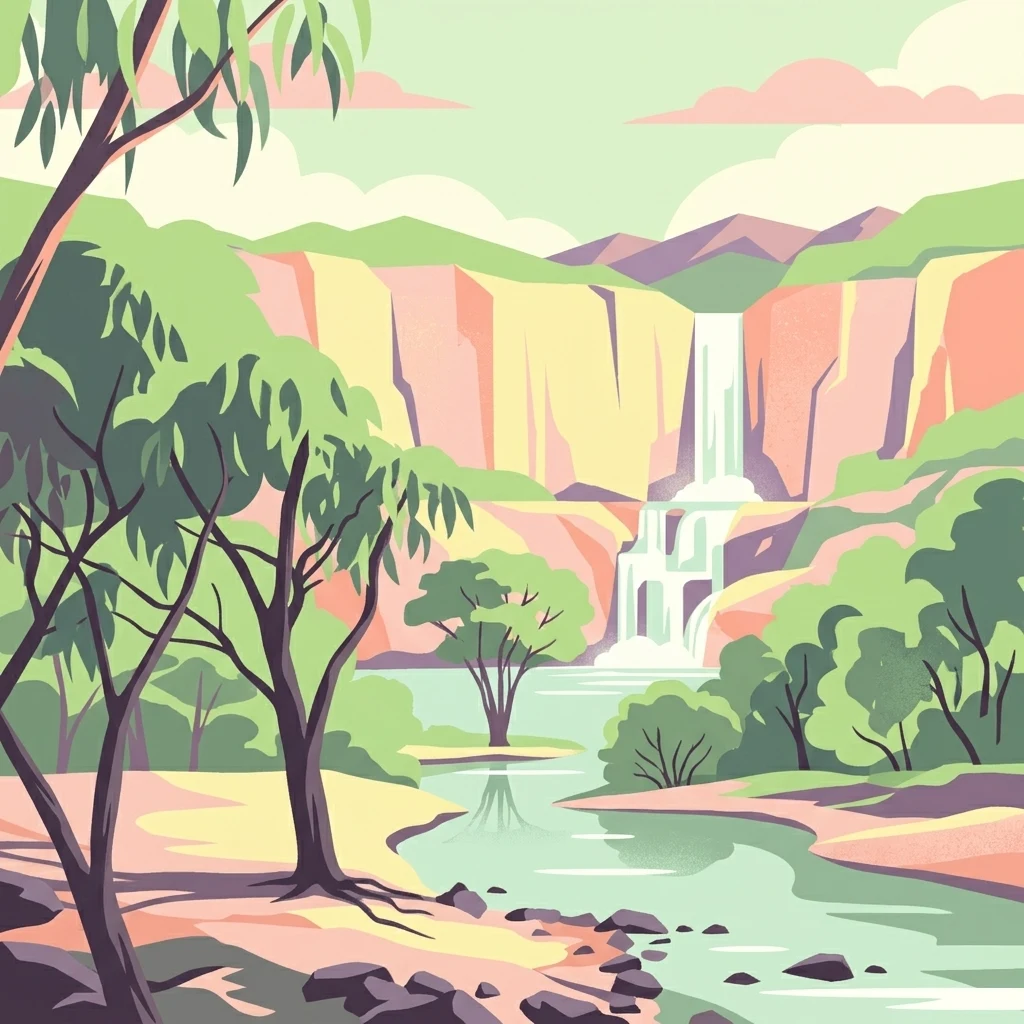 Stylized illustration of a waterfall cascading into a river with trees and cliffs in the background