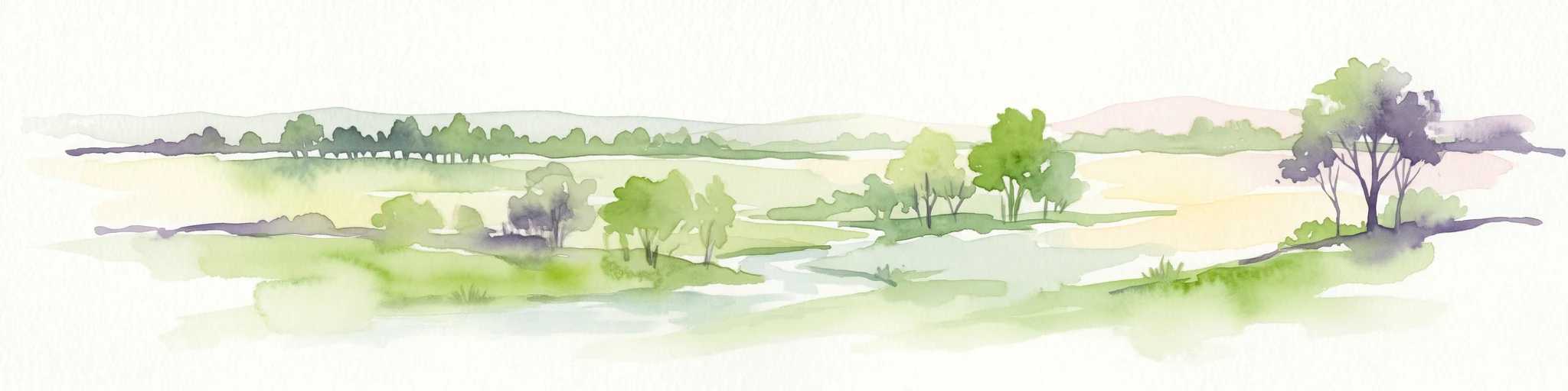 Watercolor illustration of a landscape with trees, open fields, and distant hills.