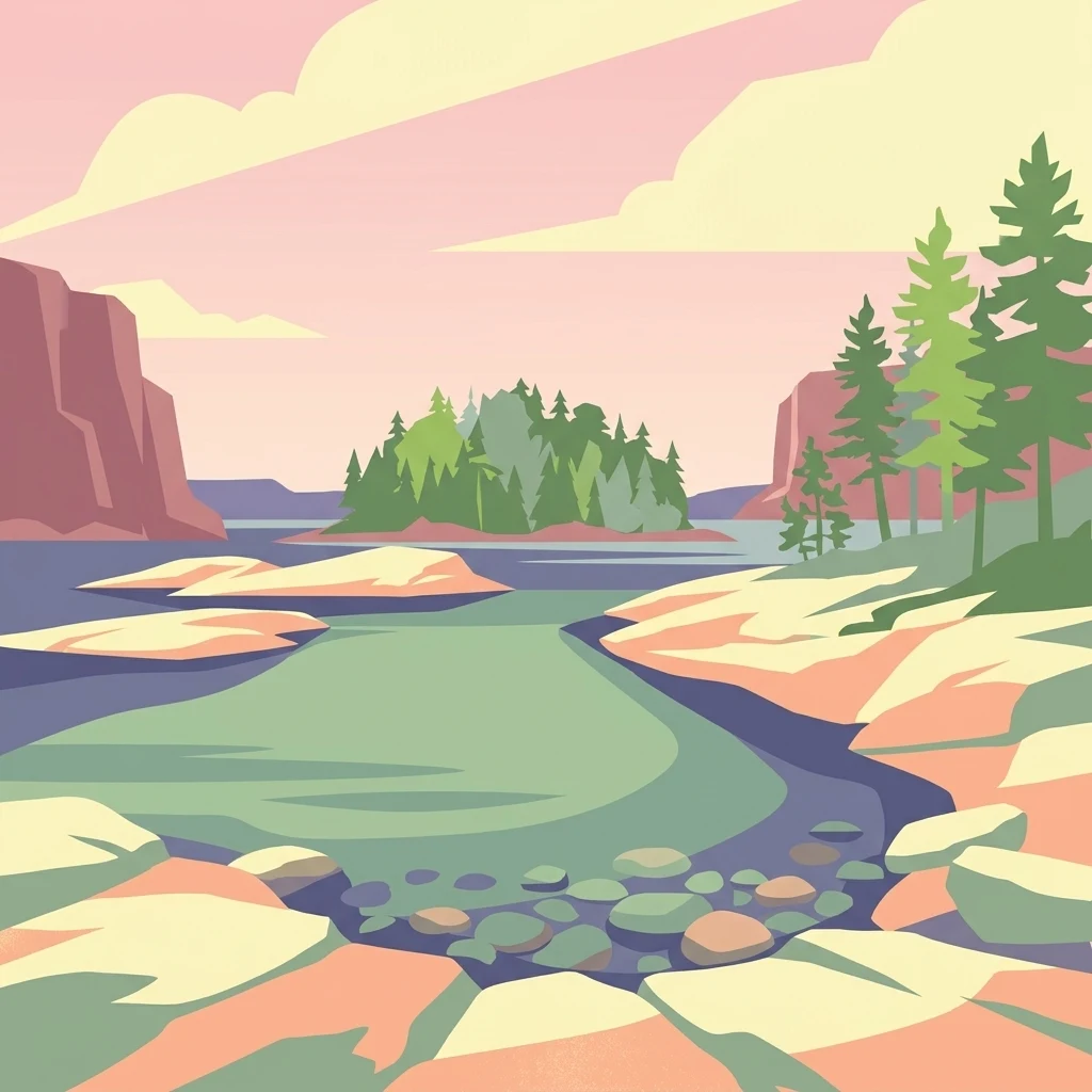 Ilustración estilizada de un paisaje de archipiélago costero con acantilados rocosos, islas, agua y zonas boscosas