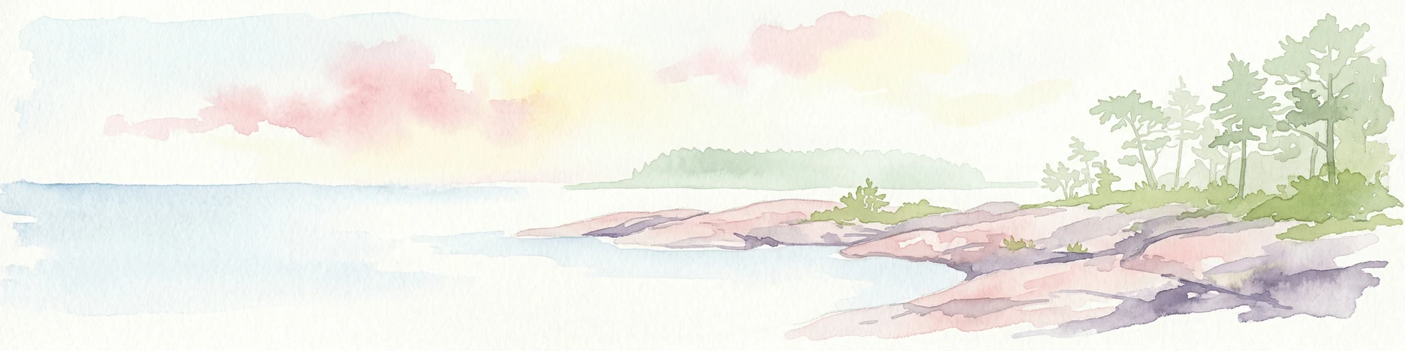 Pintura de acuarela de un paisaje costero con costa rocosa, árboles e isla distante bajo un cielo rosa y azul