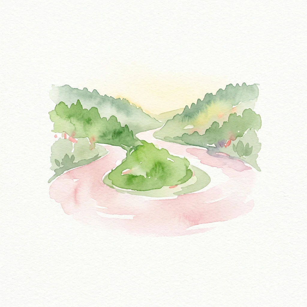 Watercolor illustration of a winding river flowing through green hills with a small island in the center