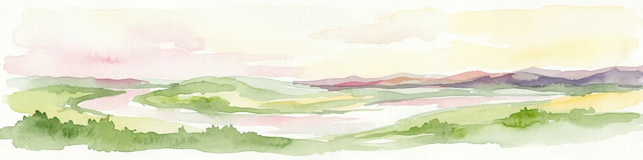 Ilustración en acuarela de un río sinuoso a través de colinas verdes onduladas con montañas distantes bajo un cielo suave