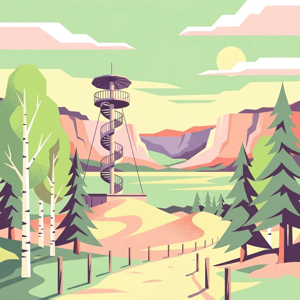 Una ilustración digital de estilo plano que muestra una torre de observación en espiral sobre una colina arenosa rodeada de abedules y pinos, con un cañón o cresta lejano bajo un sol suave.