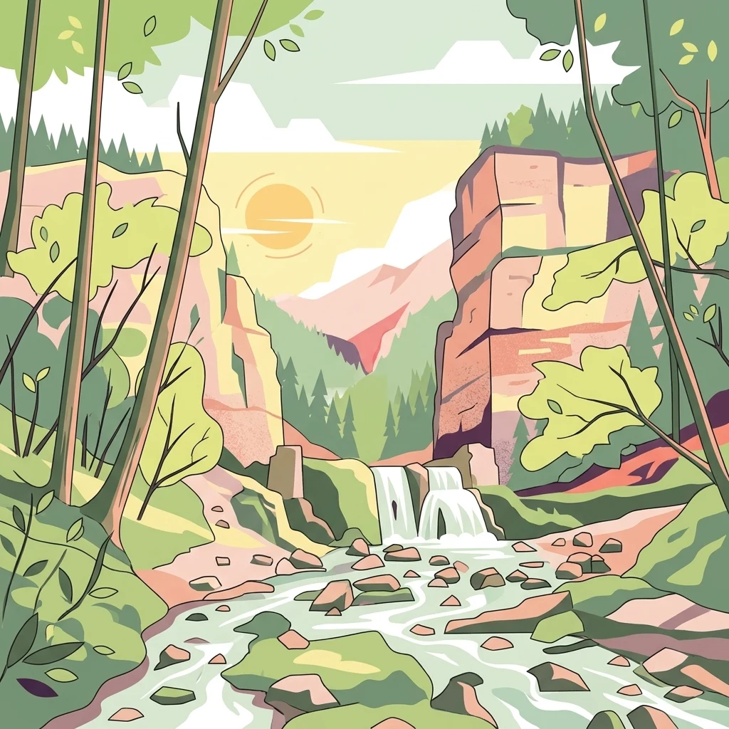 A digital illustration of a forested valley with a small stream flowing over rocky terrain toward a waterfall, flanked by steep limestone cliff formations under a soft sun.