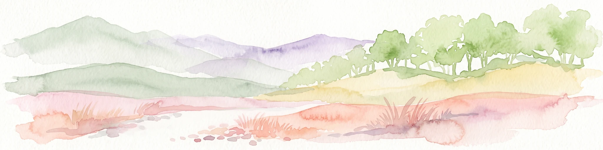 Pintura a la acuarela de un paisaje pastoril con colinas suaves y onduladas, una hilera de árboles y tonos tierra apagados, presentada como una franja horizontal y ancha.