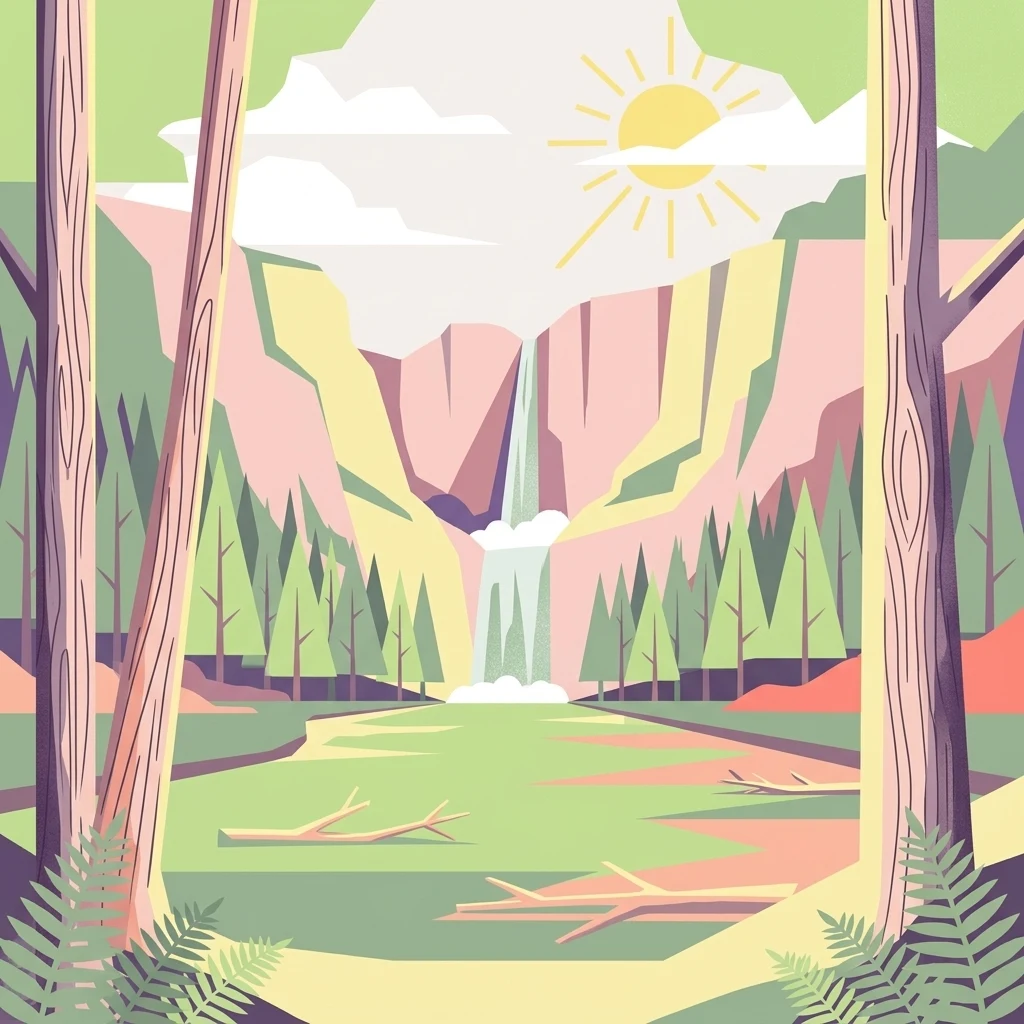 A flat-style digital illustration depicting a valley with a waterfall in the distance, pine trees in the midground, and foreground foliage framed by two large tree trunks.