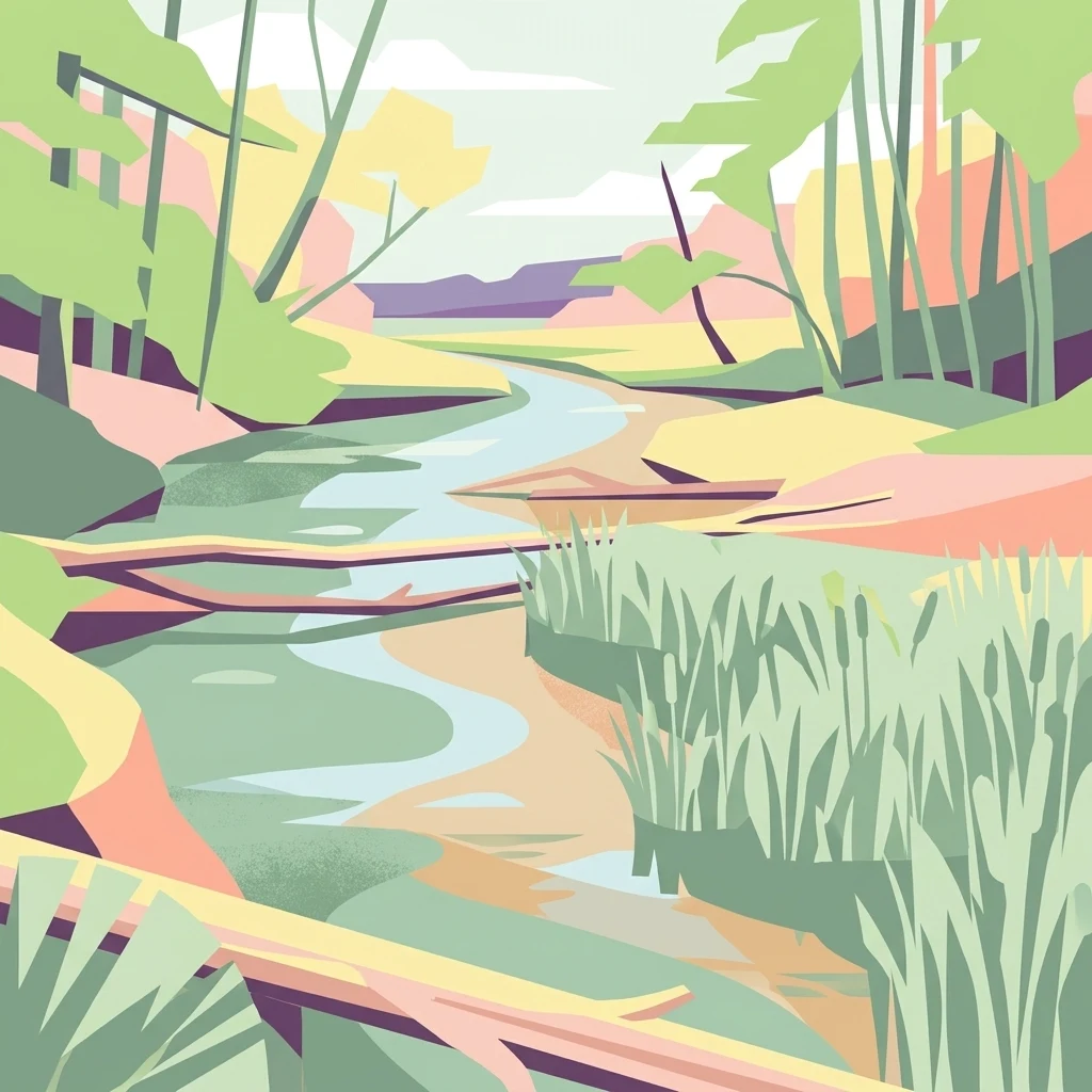 A graphic illustration of a winding stream flowing through a wetland environment with tall grasses, fallen logs, and trees on the banks.