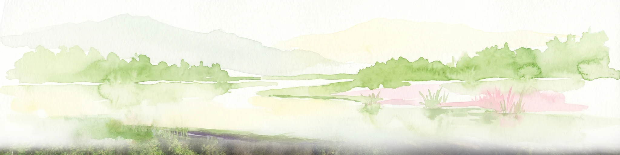 Watercolor painting of a soft, hazy wetland landscape with green foliage, pink marsh vegetation, and distant hills in pale tones.