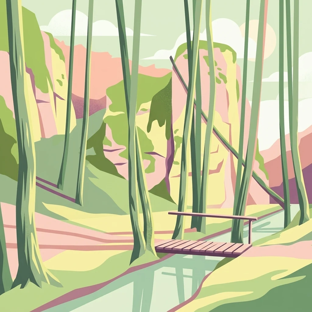 A graphic illustration showing a narrow wooden footbridge crossing a shallow river inside a limestone gorge, surrounded by tall slender trees.