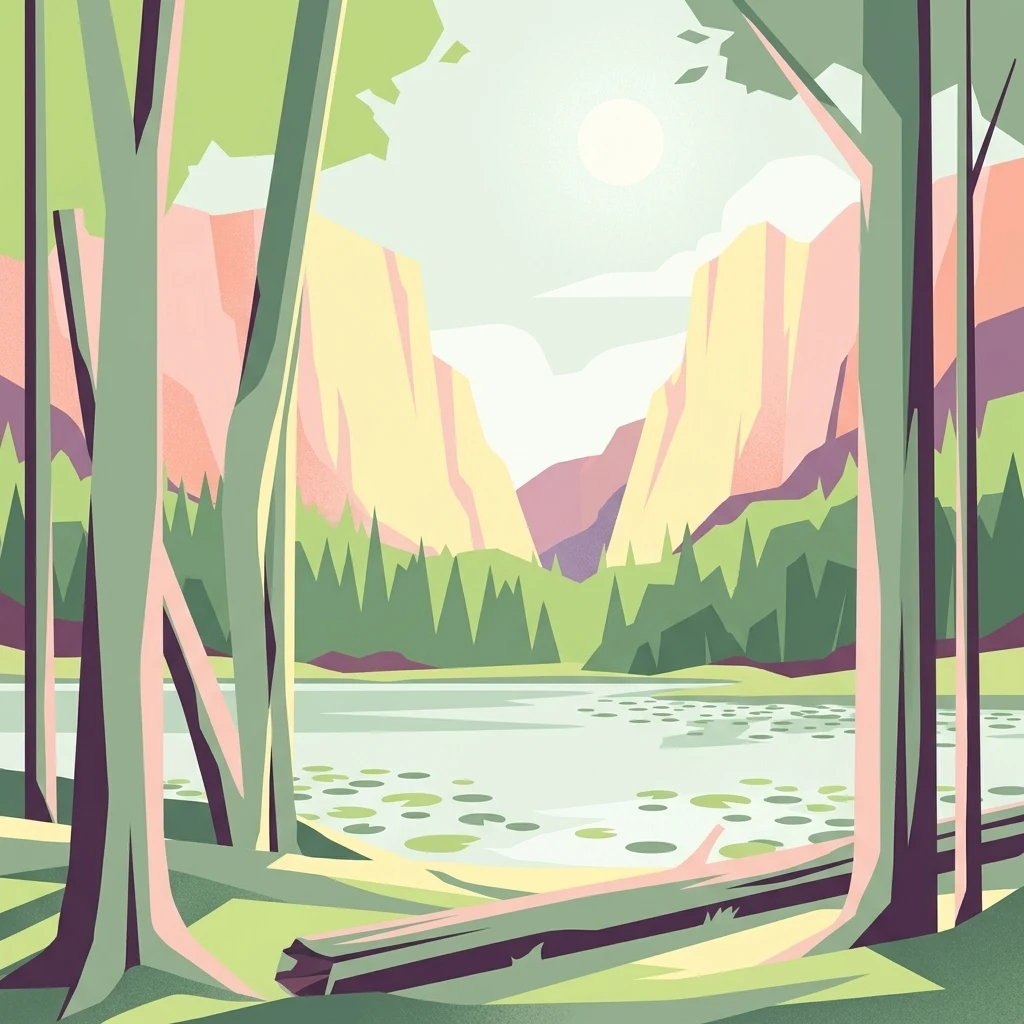 Una ilustración de arte gráfico que muestra un lago tranquilo en primer plano enmarcado por troncos de árboles altos, con un bosque y grandes acantilados rocosos visibles al fondo bajo un sol suave.