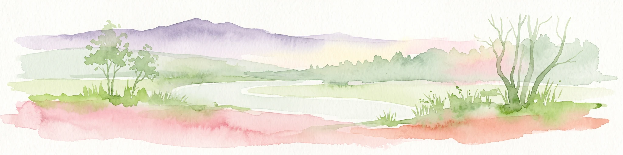 A horizontal watercolor painting showing a winding river flowing through a lush green valley with distant hills under a soft light.
