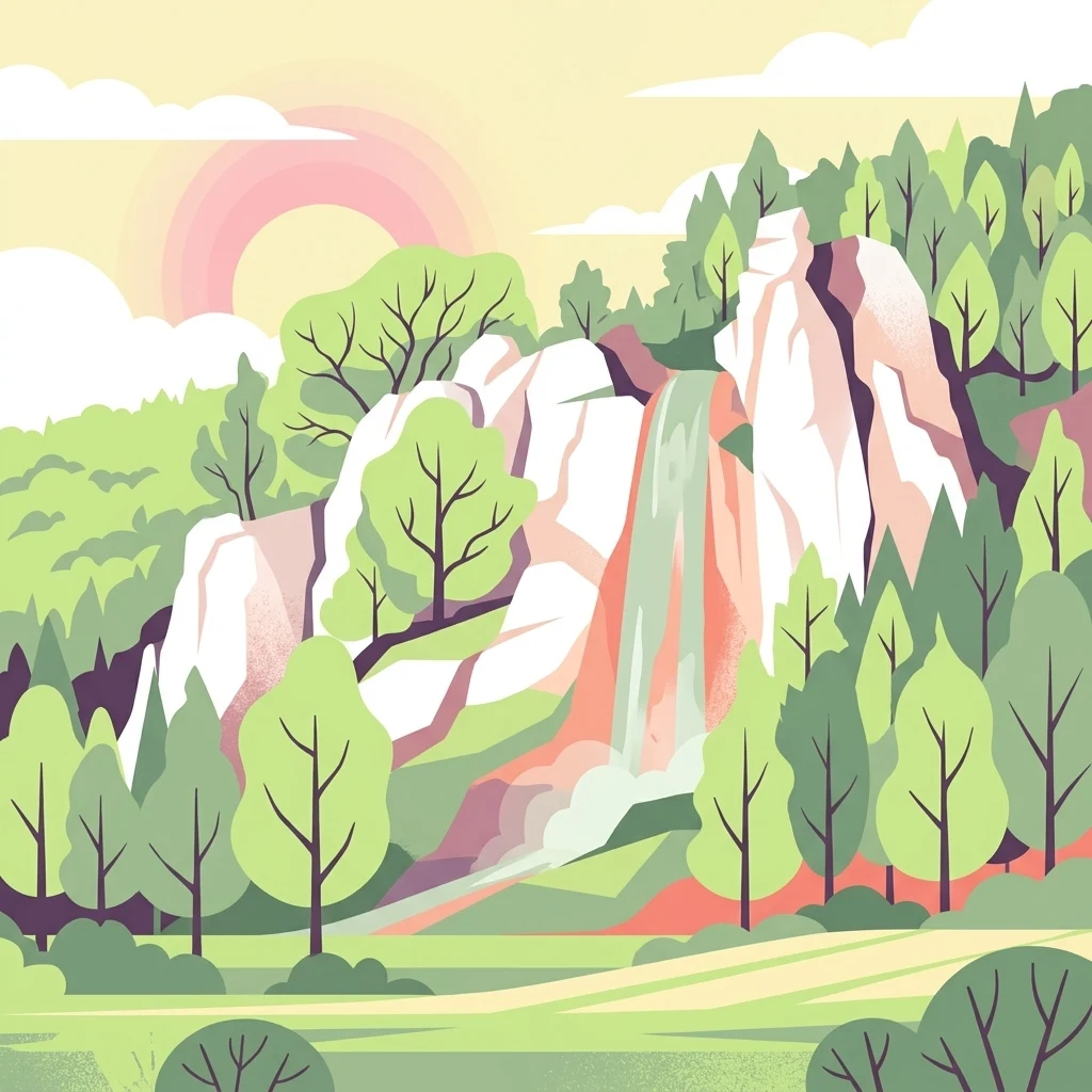A stylized, flat-design illustration showing white, jagged limestone cliffs rising from a green forest, with a hint of a waterfall or cascading slope, under a warm-toned sky.