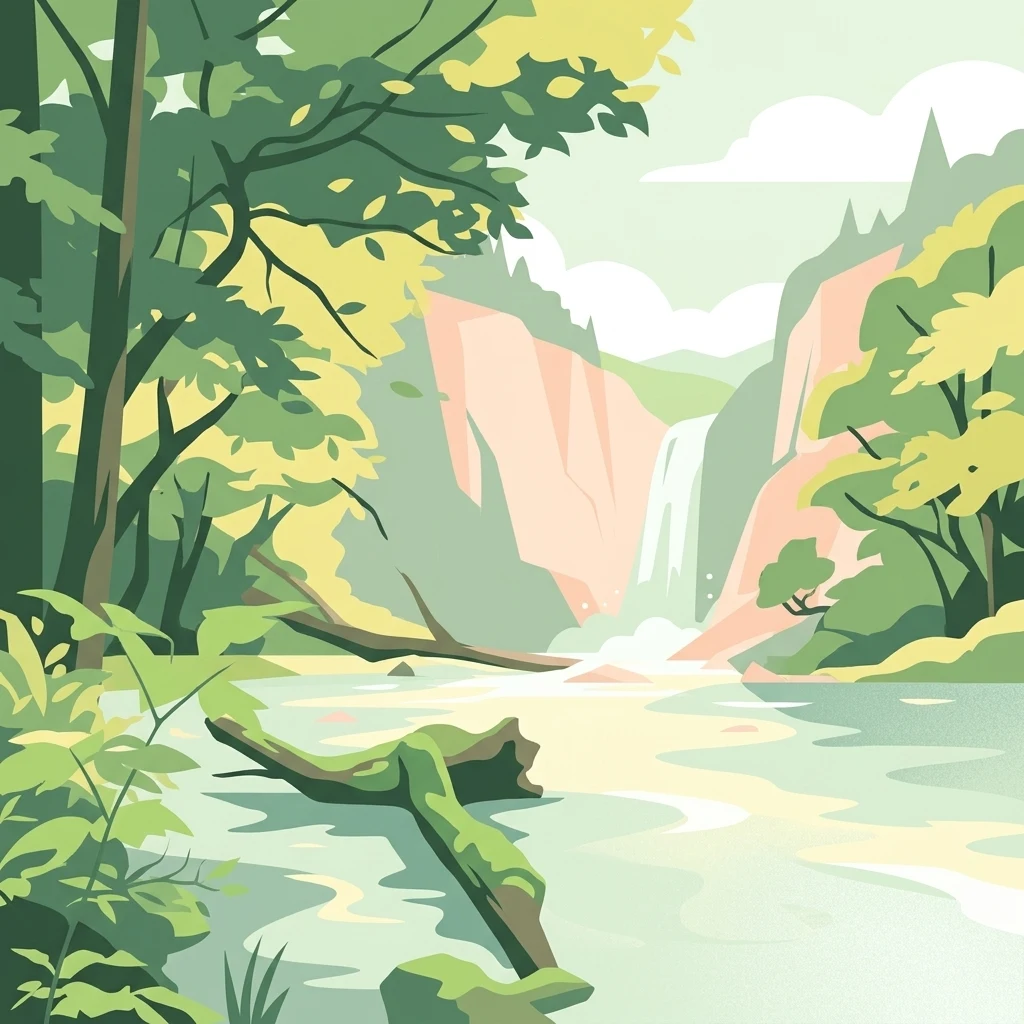 Una ilustración que muestra un río tranquilo y de aguas claras que fluye por un valle boscoso con una cascada lejana y vegetación exuberante.