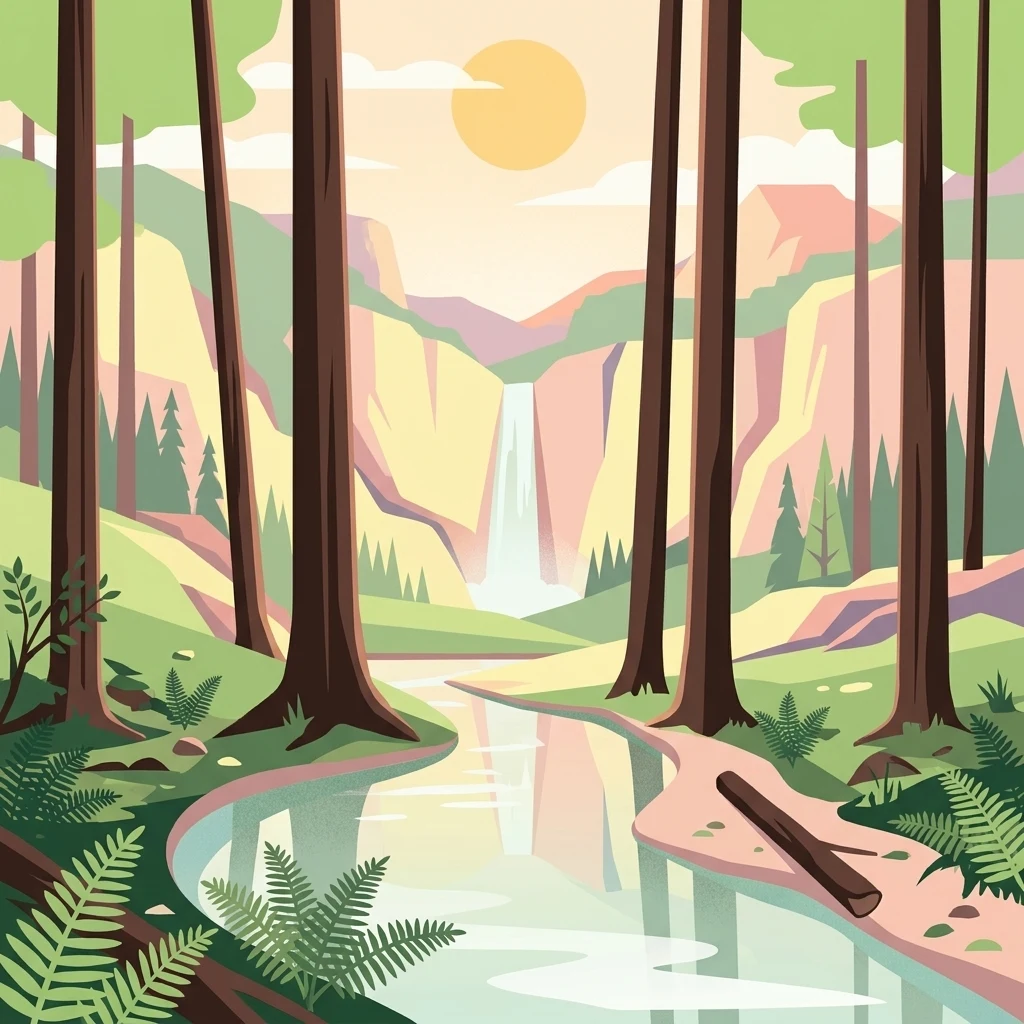 A flat-design digital illustration showing a calm river flowing through a lush forest towards a distant waterfall nestled between high canyon walls under a soft sunset.