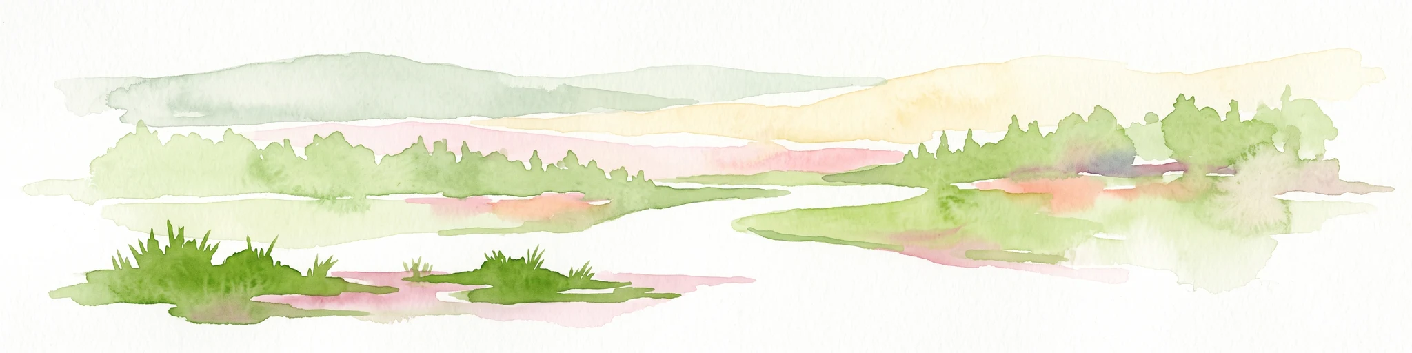 A soft watercolor illustration depicting a river valley with green vegetation, rolling hills, and marshy banks, rendered in light washes.