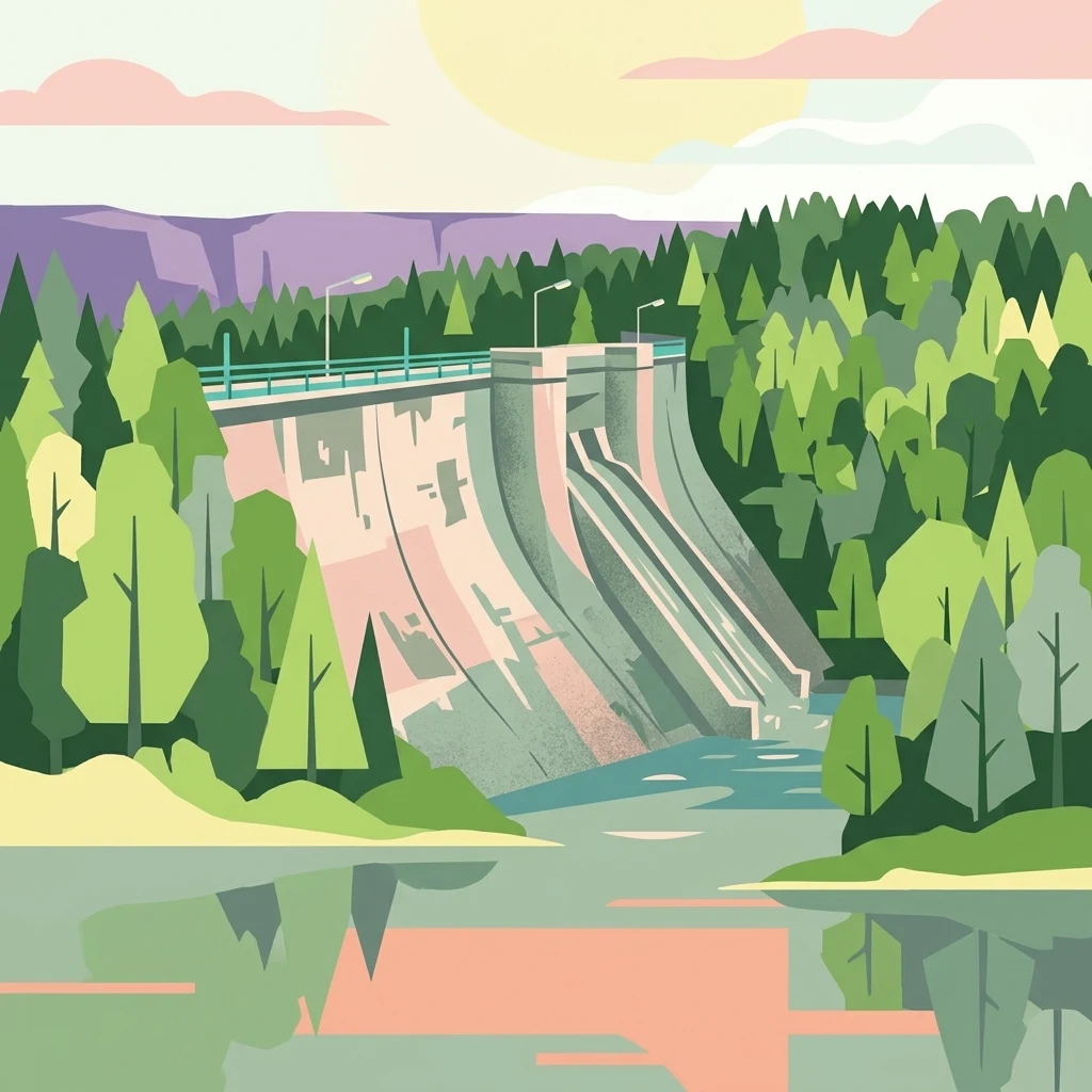 A flat vector illustration of a concrete dam structure surrounded by a dense forest, with the reflection of the landscape visible in the water below.