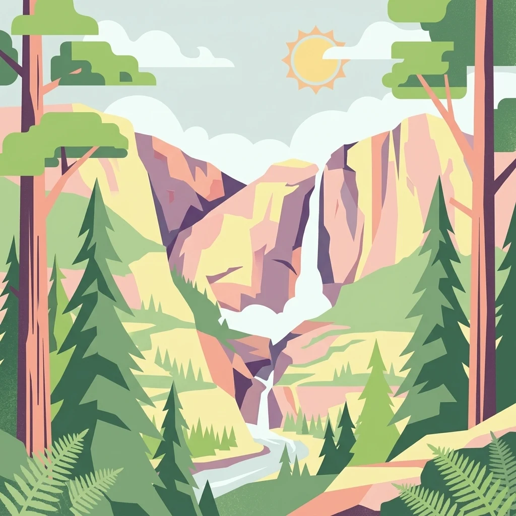 Una ilustración digital de estilo plano que muestra un valle enmarcado por árboles de hoja perenne en primer plano, con acantilados escarpados, una cascada y un río que fluye por el centro bajo un cielo soleado.