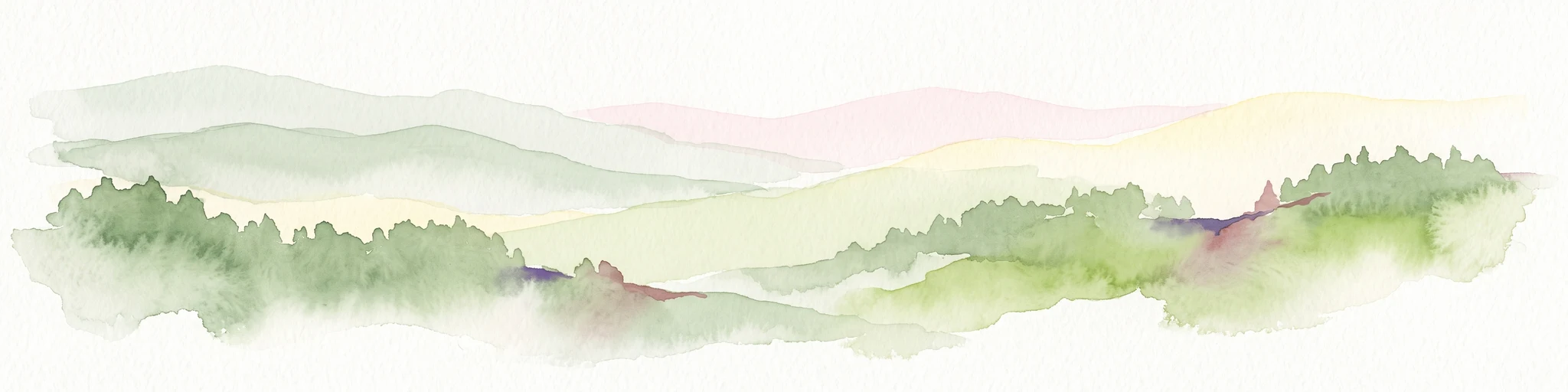 A horizontal watercolor painting showing soft, layered green rolling hills and wooded ridges on a white background.