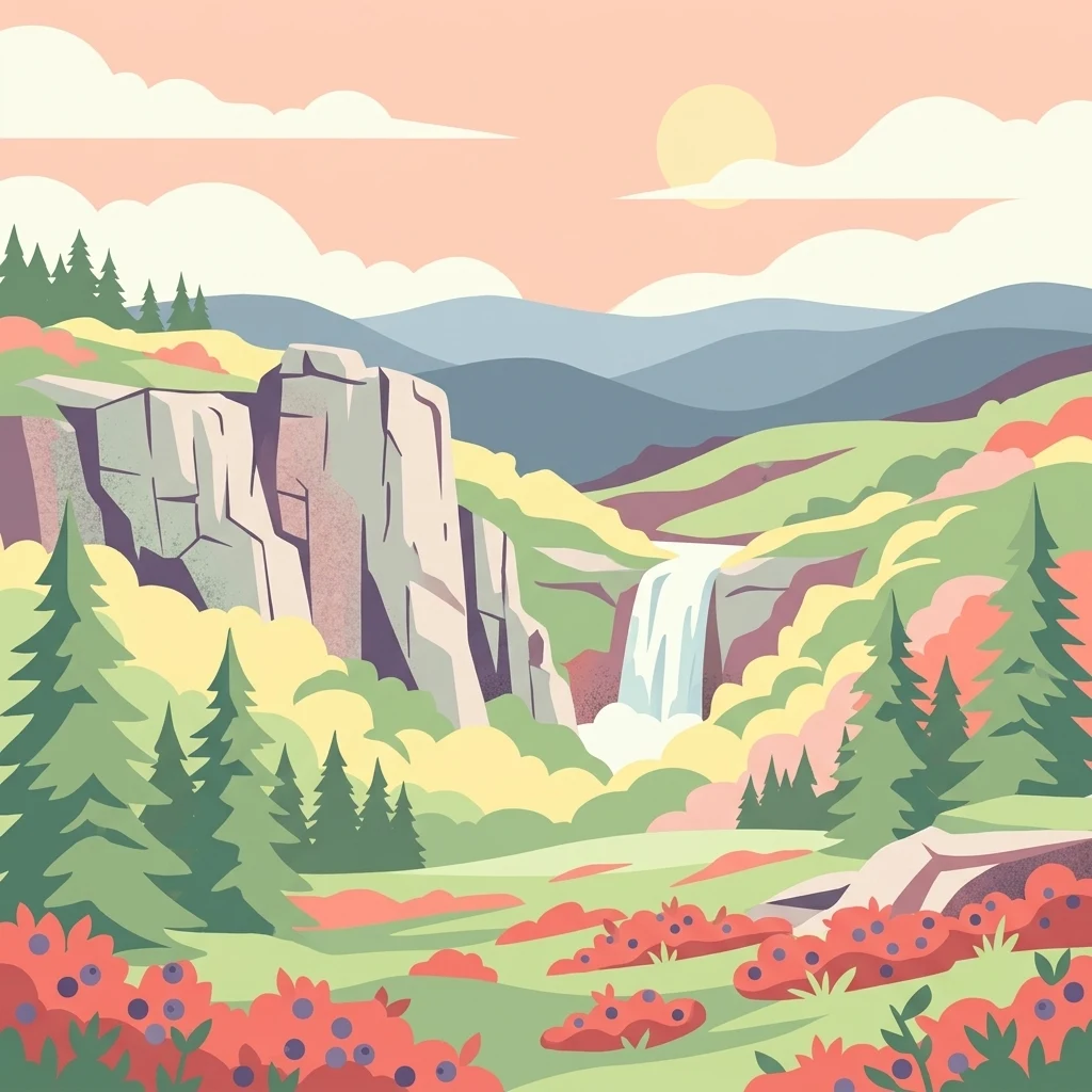 A flat-style digital illustration of a mountain valley featuring tall rocky cliffs, a waterfall, evergreen trees, and fields of wild berry bushes under a soft sunset sky.