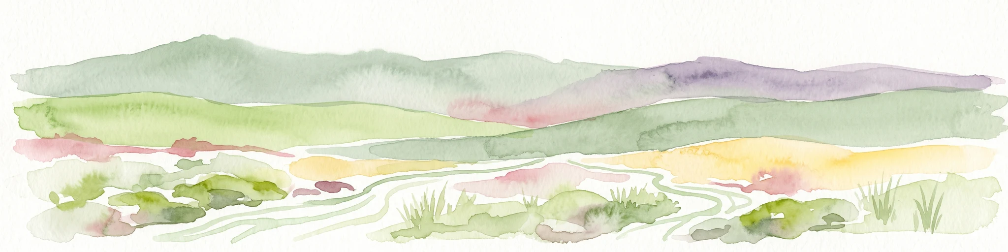 A minimalist watercolor painting showing rolling green hills and a flat plateau with abstract vegetation against a white background.