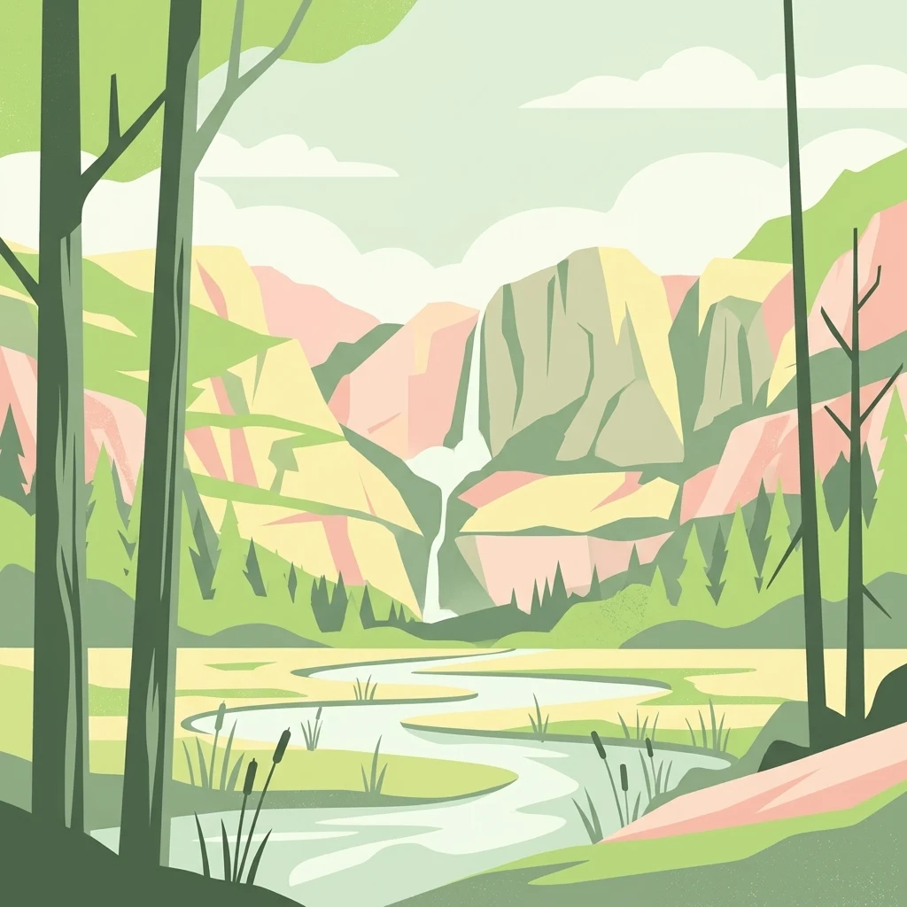 Una ilustración digital de estilo plano que muestra un río serpenteante fluyendo por un valle boscoso hacia un gran acantilado con una cascada en la distancia.
