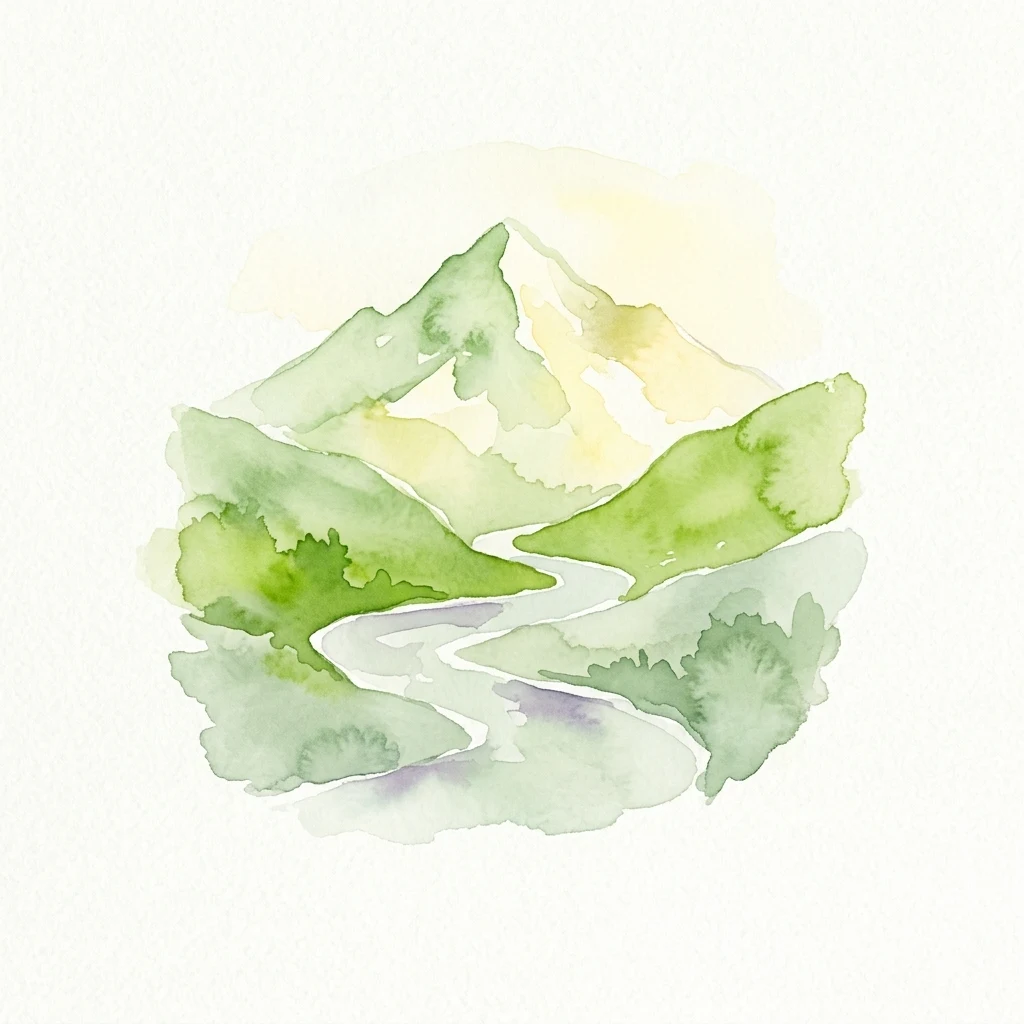 Ilustración en acuarela de montañas verdes, un río serpenteante y un cielo pálido
