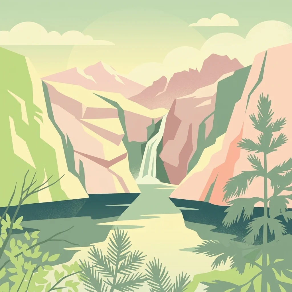 Ilustración estilizada de montañas rocosas, una cascada, un lago y árboles de hoja perenne